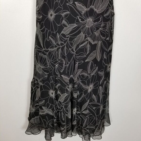 Talbots Women Pure Silk Floral Midi Dress Sz 10 Black Gray Cap Sleeve Fairy - Picture 3 of 8